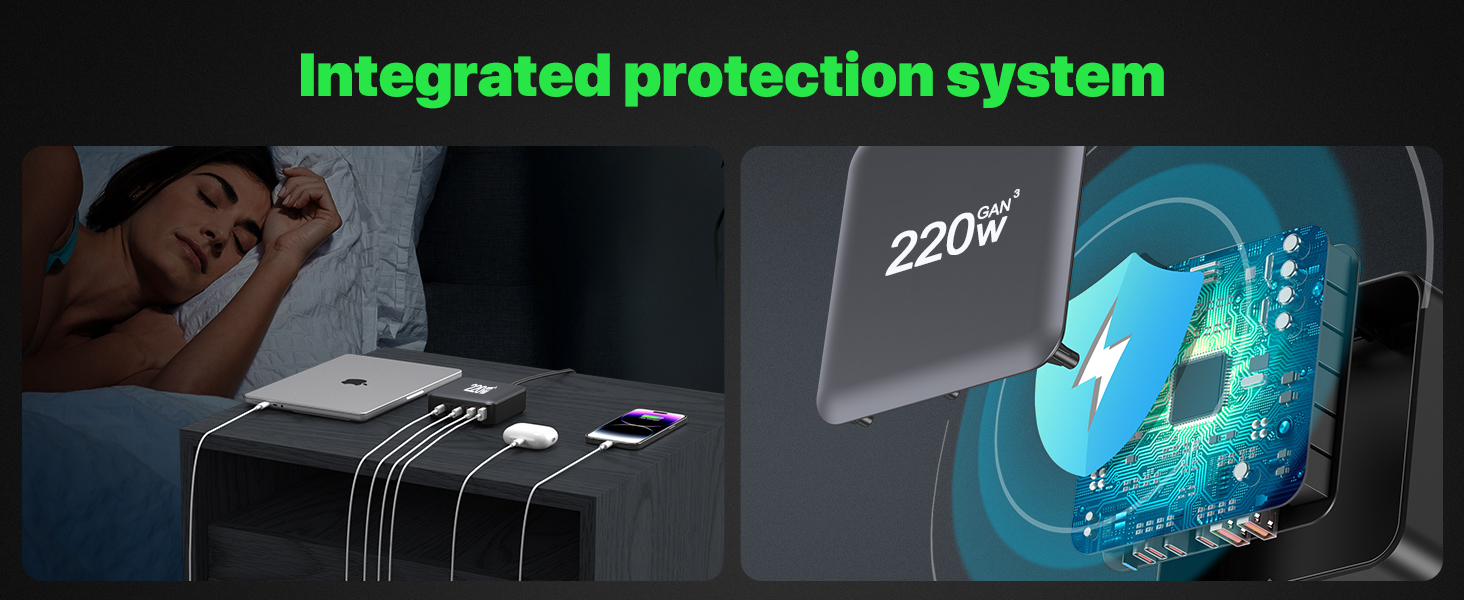 Зарядний пристрій USB-C 200W, 8 портів, GaN адаптер для MacBook Air/iPad/iPhone 15/16/Galaxy S23 - Чорний