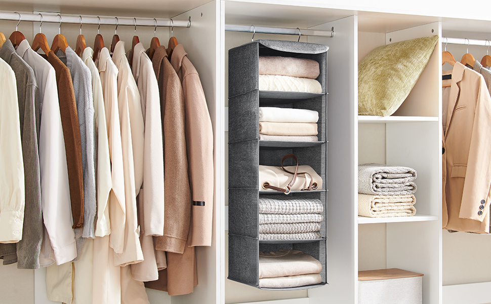 Органайзер для шафи SONGMICS, розкладний, сірий, з металевими гачками та бамбуковими вставками