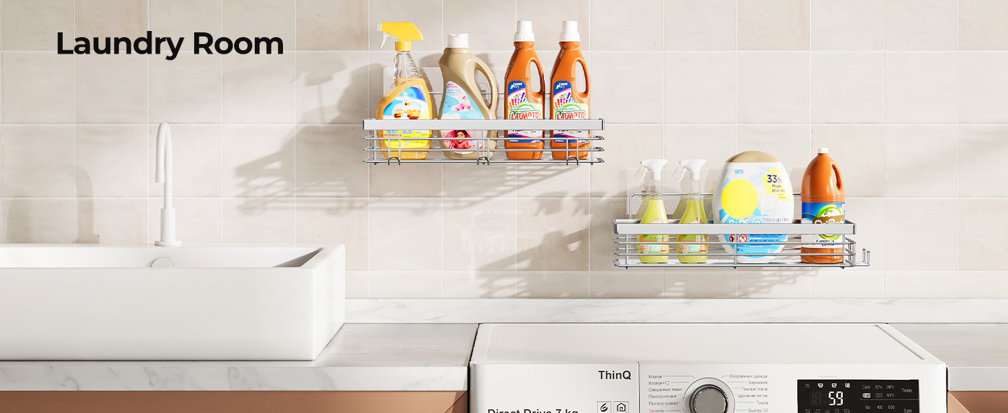 Полка для душу Orimade без свердління з 5 гачками, 2 шт. з нержавіючої сталі, срібло