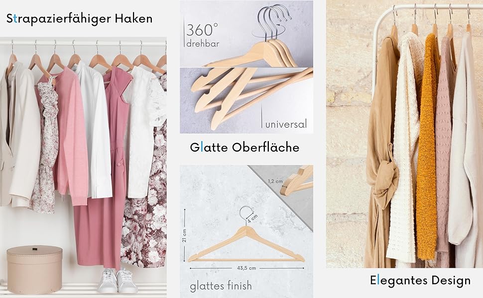 Дерев'яні вішалки для одягу OGIVO – набір 20 шт. з обертовим гачком та вирізами на плечах (натуральне дерево)