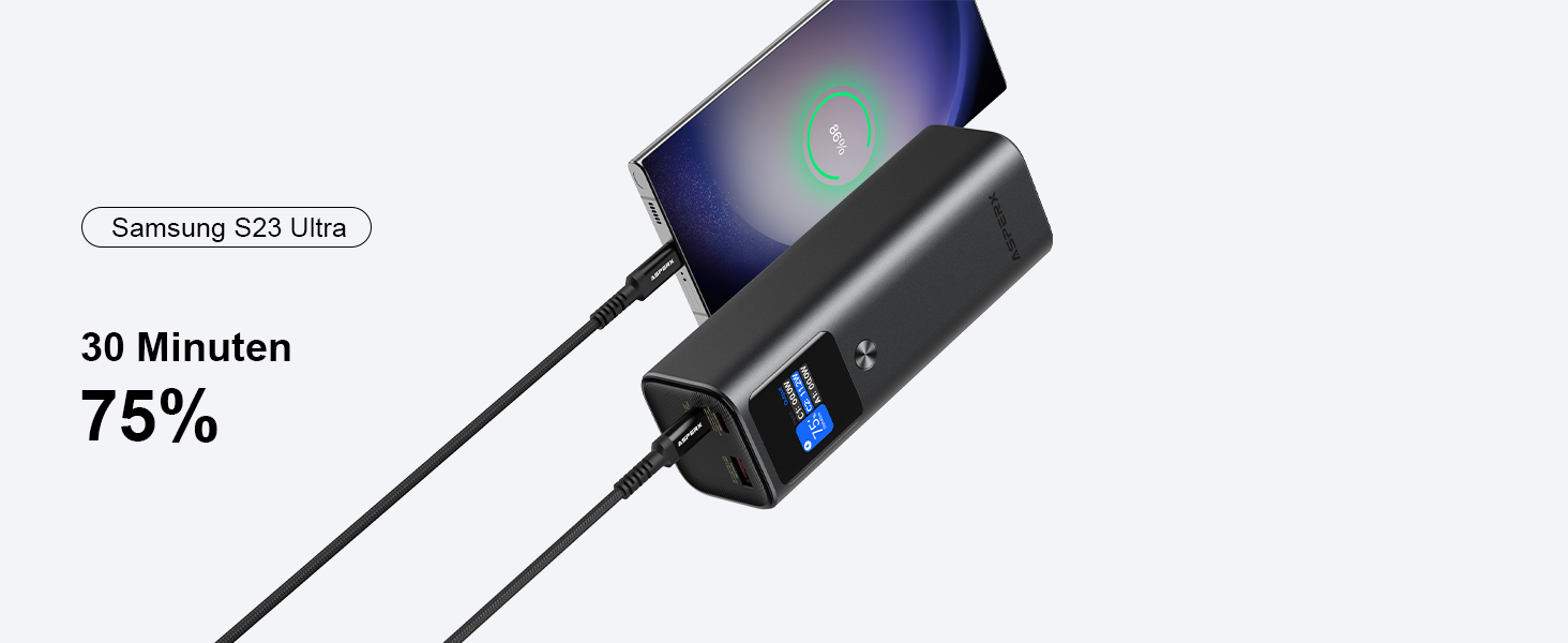 Power Bank AsperX 20000mAh, 165W, USB-C Кабель, для MacBook, Dell, HP, Lenovo, iPad, iPhone, Galaxy