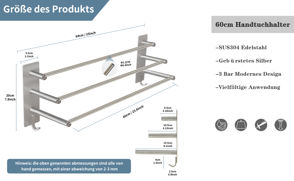 Тримач для рушників Vista з 3-ма перекладинами без свердління, нержавіюча сталь SUS304, сріблястий, з двома гачками, 60 см