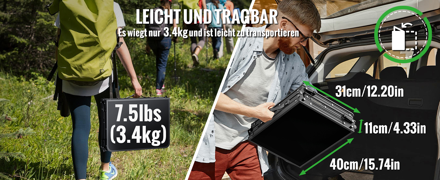 Складний кемпінговий стіл GARLLEN 60x40 см, регульована висота (27/51/75 см), чорний - для пікніка, саду, балкону, пляжу