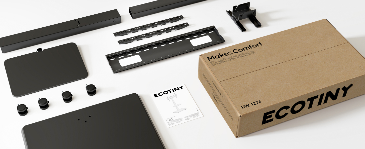 Підставка для телевізора ECOTINY на коліщатках, 37-75 дюймів, до 50 кг, поворотна, з полицею, чорна, VESA 600x400 мм