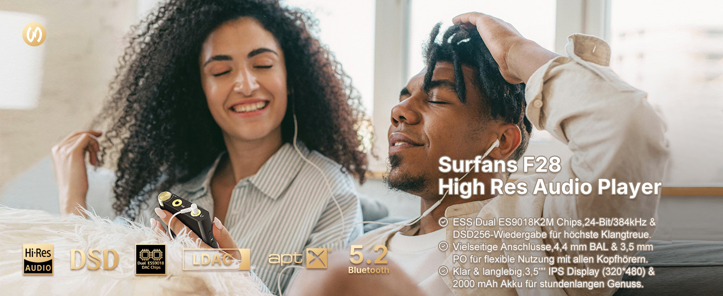 Surfans HiFi Bluetooth MP3 плеєр F28: портативний музичний плеєр з Hi-Res аудіо, 64GB, підтримка до 512GB, 3.5