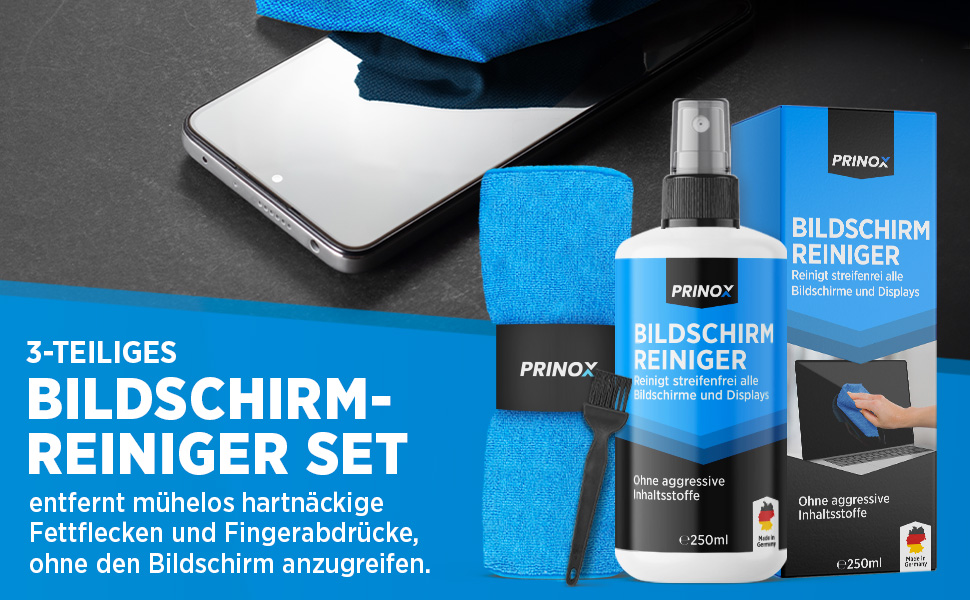 PRINOX Набір для чищення екранів 250 мл: засіб + мікрофібра + пензлик для мобільних, ноутбуків, телевізорів (LCD, LED, OLED, QLED, TFT) від жиру та відбитків пальців