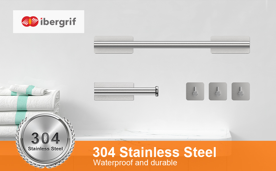 Тримач туалетного паперу Ibergrif без свердління, набір 5-в-1, 3 гачки для рушників, стійка для рушників, нержавіюча сталь, сріблястий, індустріальний стиль