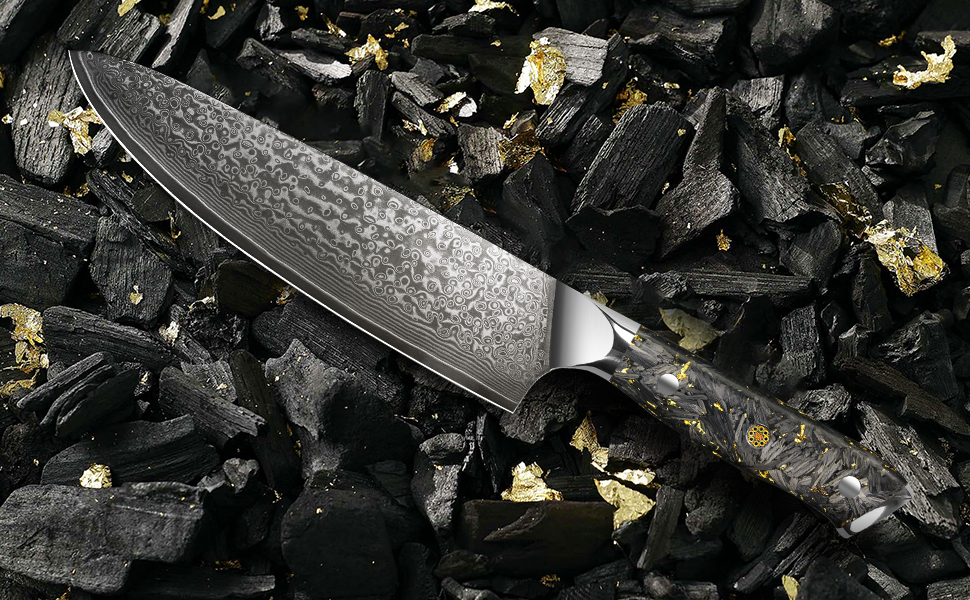 Японський ніж Kuchmesser Kyushublade з дамаської сталі (67 шарів), професійний, з унікальною ручкою з карбону та золота