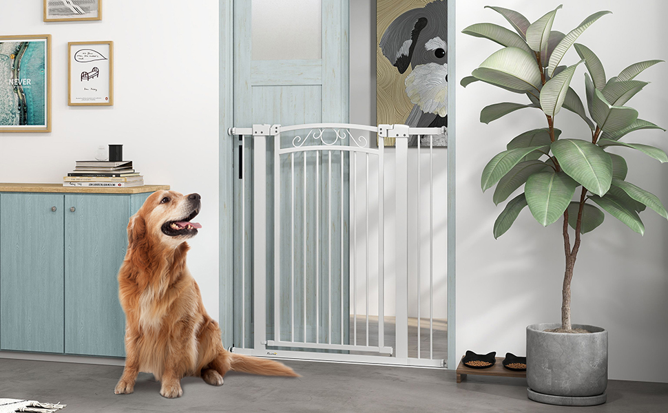 PawHut Бар'єр для собак, ворота з регульованою шириною 76-104 см, захисний ґрат для собак з 2 розширеннями, подвійний замок та маленькі дверцята для сходів та дверей, білий