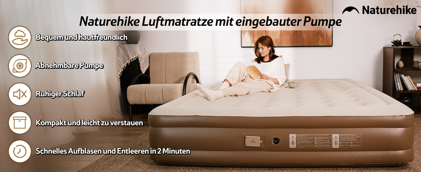 Надувний матрац Naturehike для кемпінгу та дому (190x100x45 см), самонадувний, з акумуляторним насосом, для 1 особи, коричневий