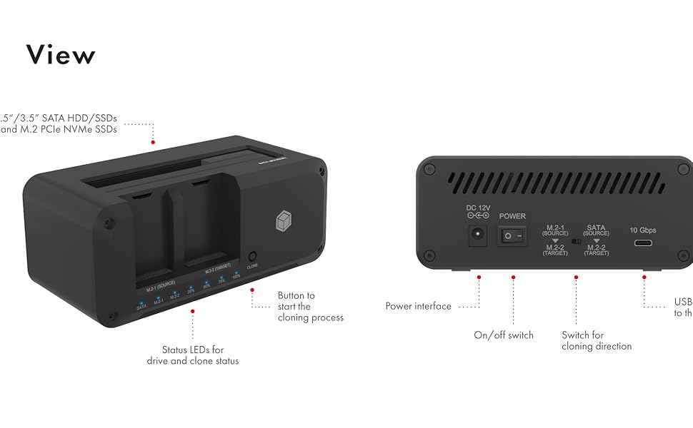 ICY BOX Док-станція для HDD/SSD USB 3.2 Gen 2 (10 Gbit/s) - Клонування жорстких дисків, підтримка 2.5' та 3.5' SATA, M.2 NVMe