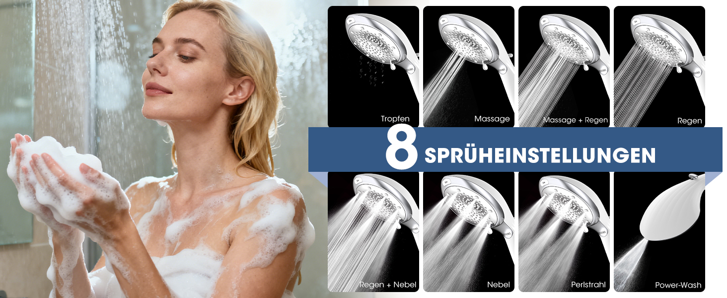 Душова лійка FASDUNT з фільтром від вапняного нальоту, 8 режимів, шланг 2м - для жорсткої води