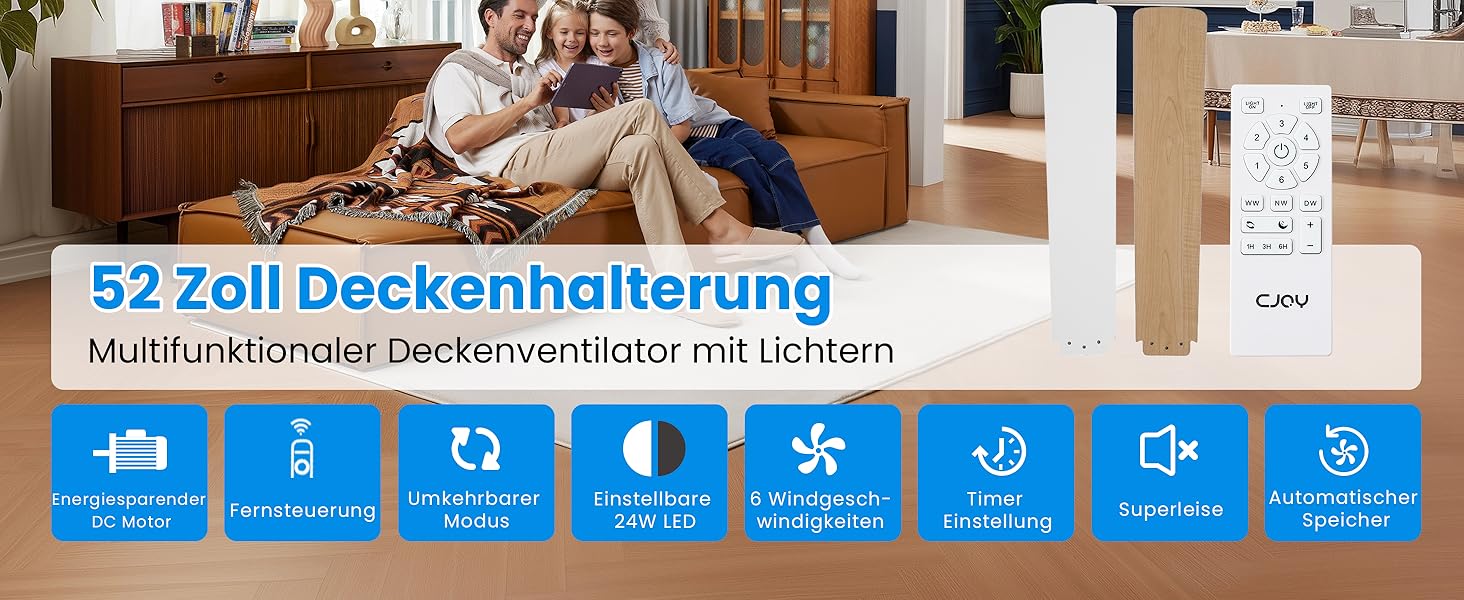Стеляний вентилятор CJOY з підсвічуванням, 107 см, з пультом керування, тихий, DC, реверсивний, пам'ять 3CCT, диммування, 6 швидкостей, таймер для спальні (132 см, білий)