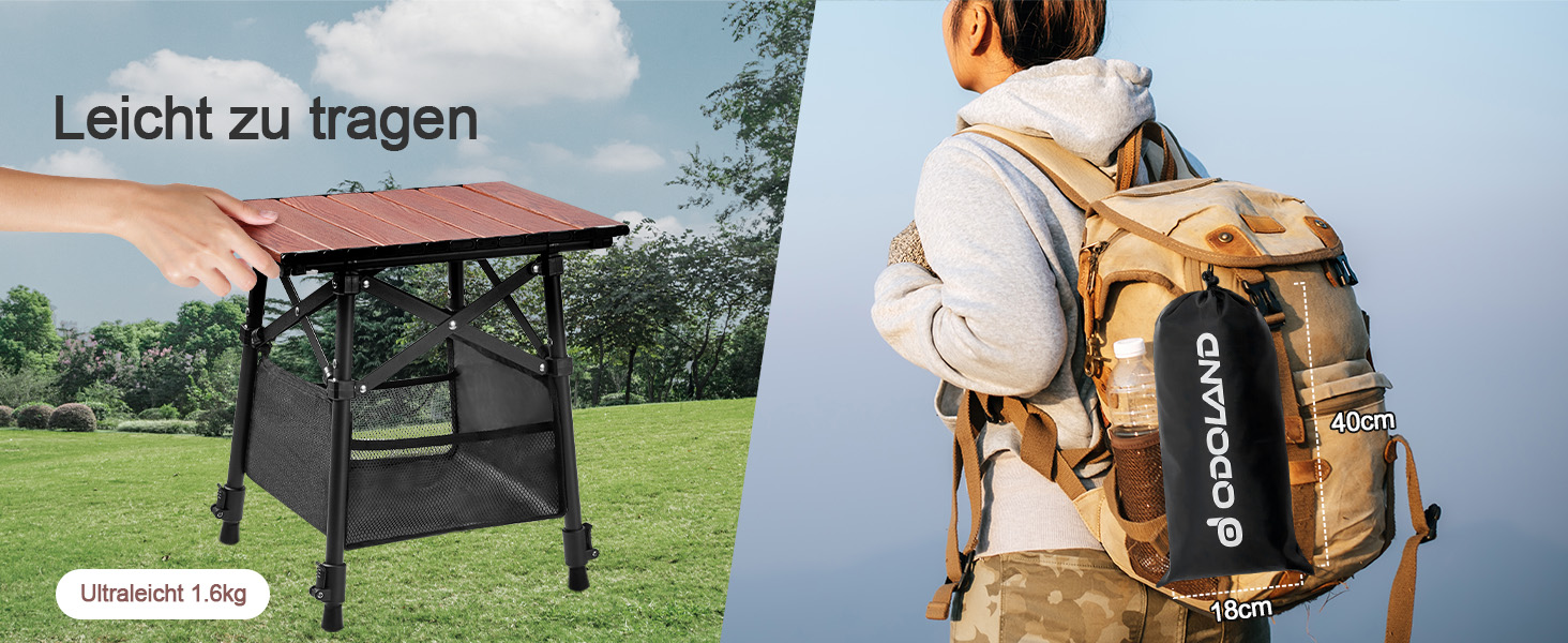 Складний алюмінієвий стіл для кемпінгу Odoland з регульованою висотою та сумкою для зберігання (40x30x40-58 см)