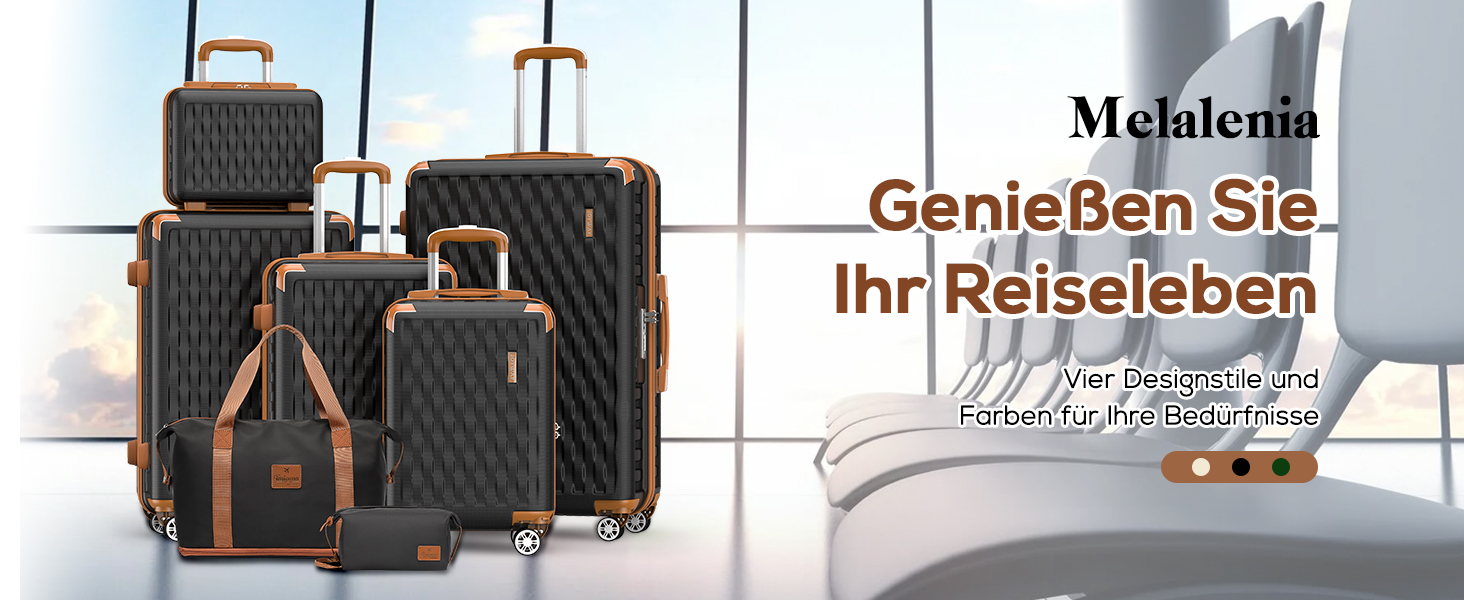 Набір валіз Melalenia 7шт з жорстким корпусом, легкий, на 4 колесах, з TSA-замком. Включає косметичку, сумку для подорожей та кулькову сумку. Чорний колір.