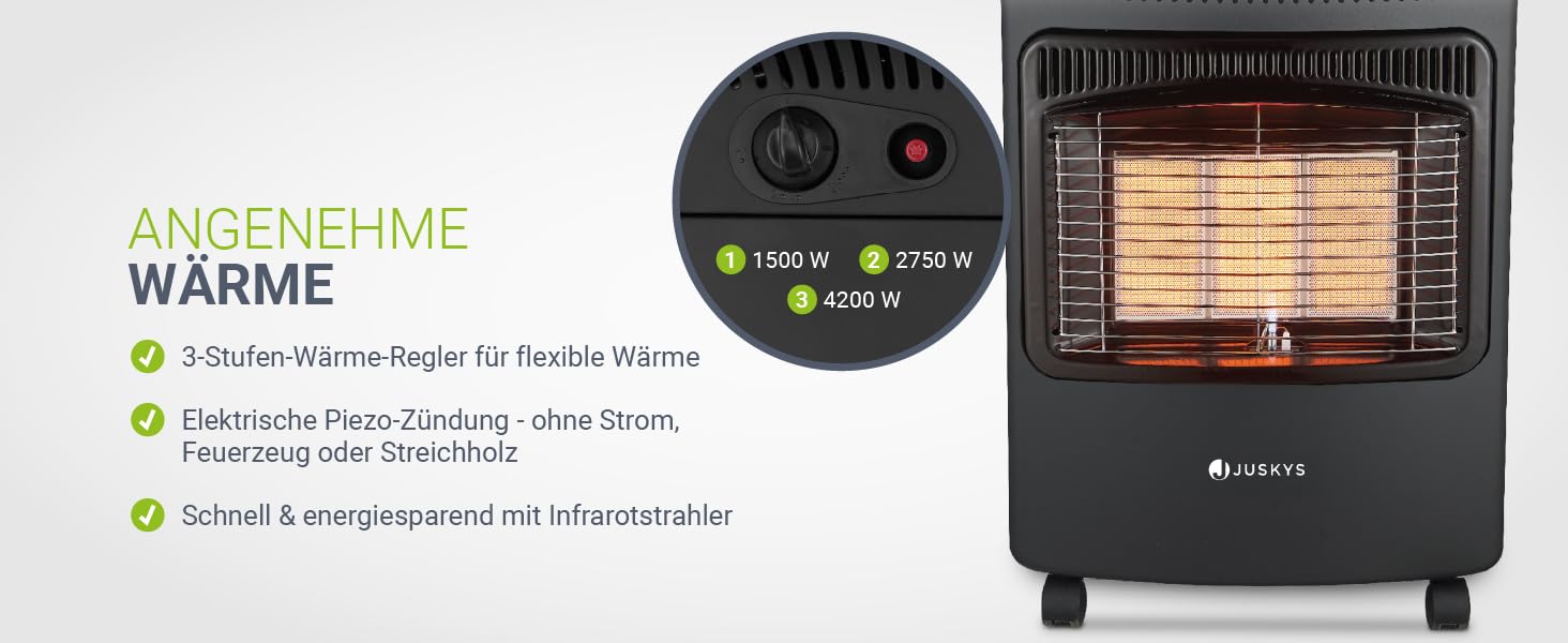 Газовий обігрівач Juskys® GS42US - 4200 Вт, чорний колір, з регулятором тиску та шлангом. Мобільний, ефективний та енергозберігаючий газовий нагрівач, газовий камін, газове обладнання