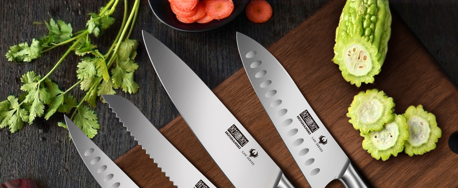 HOSHANHO 20 см кухонний ніж для приготування їжі, професійний японський шеф-ніж з нержавіючої сталі з вуглецевим покриттям та ергономічною дерев'яною ручкою