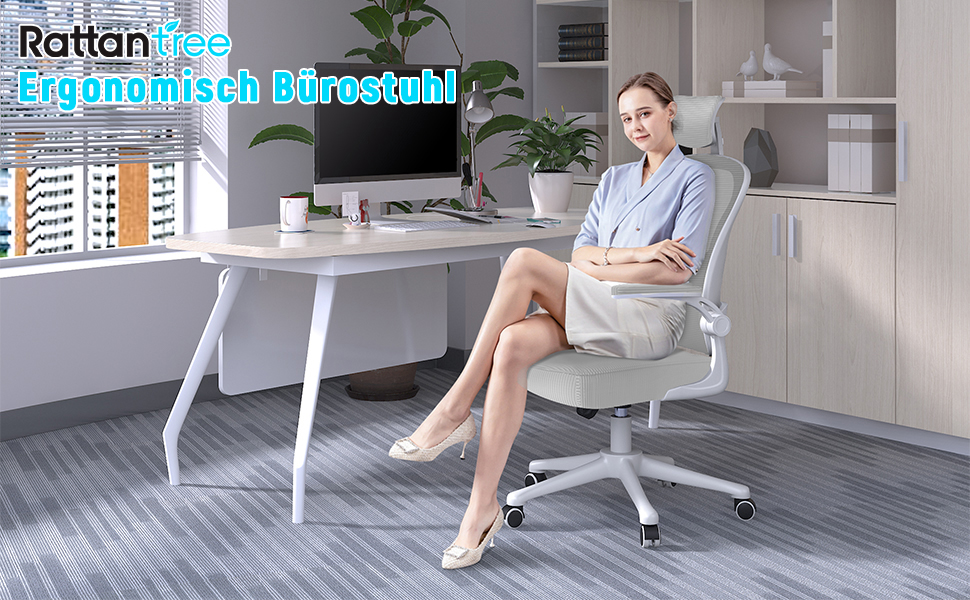 Офісний крісло Rattantree: ергономічне, з регульованою підголівником, підлокітниками та підтримкою попереку, регулювання висоти, дихаюча спинка, сіре