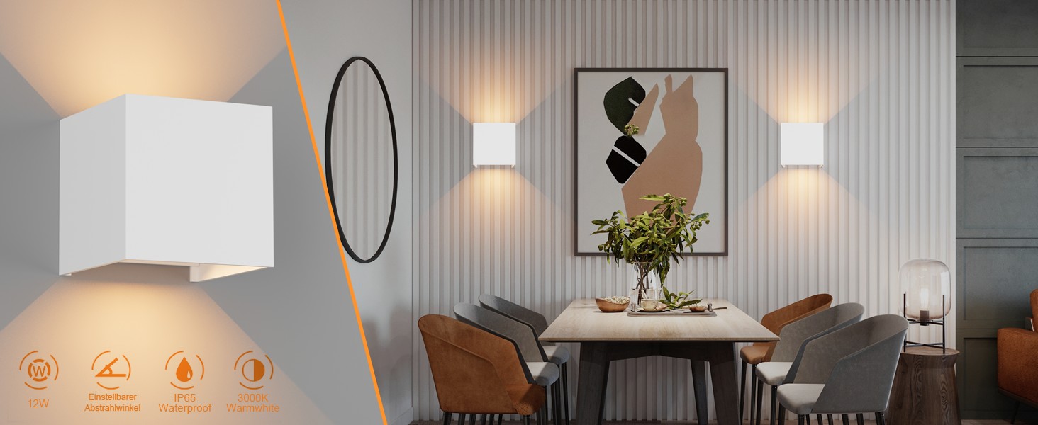 LED-стінні світильники Klighten 12W, 2 шт. Регульований світловий потік, 3000K, тепле біле світло, IP65, для вітальні, спальні, балкону, антрацит