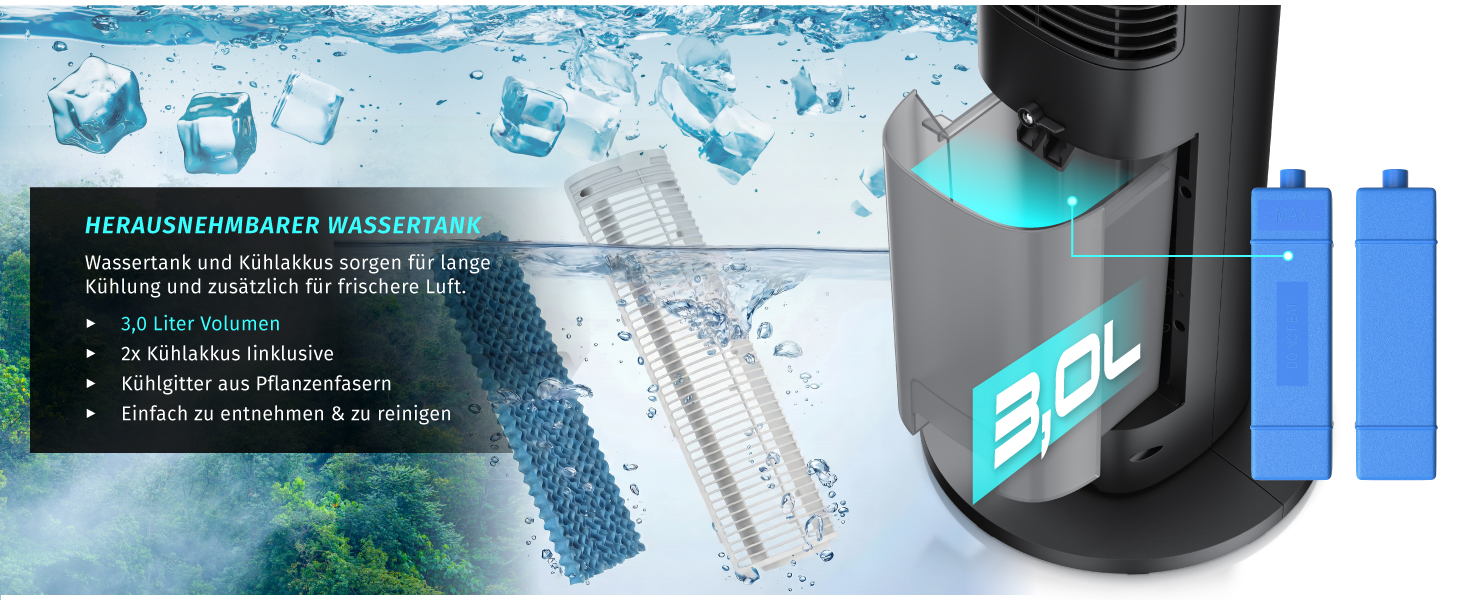 Вентилятор вежа Brandson з функцією охолодження водою ECO Design, тихий, DC мотор, з пультом, чорний матовий