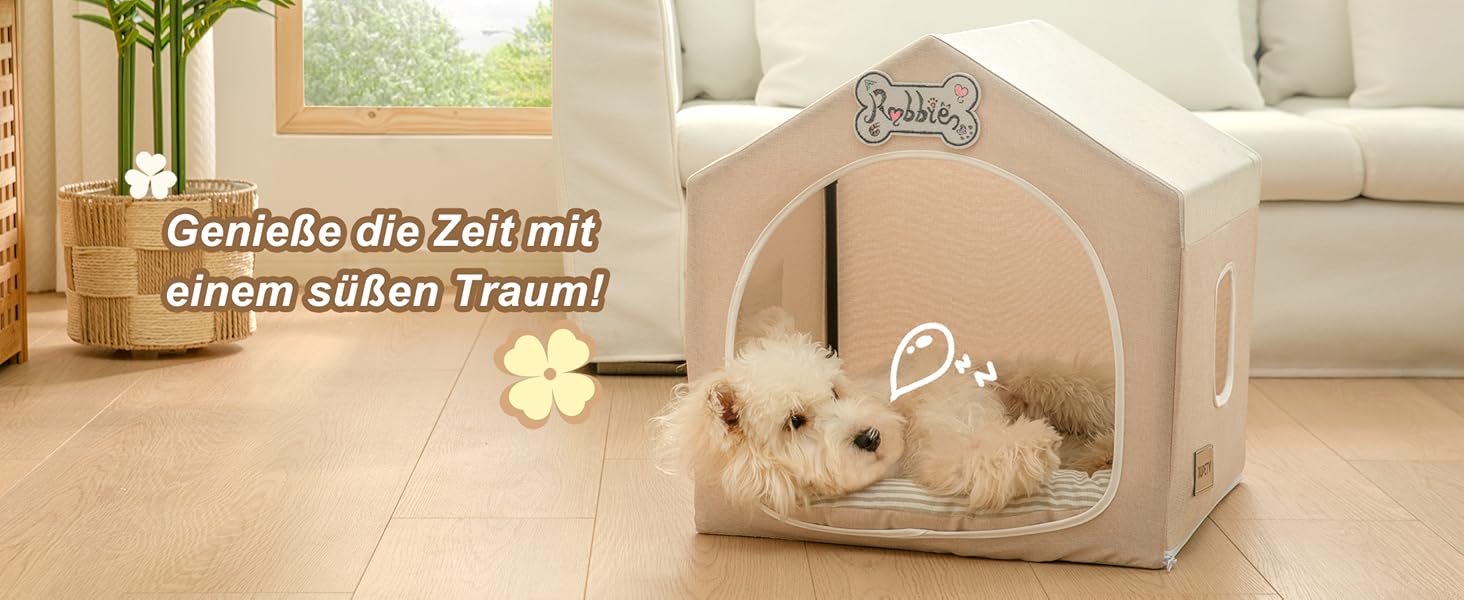 Washable Folding Dog Bed & Tent - Indoor Dog House for Small Dogs (4-9kg) - Beige
