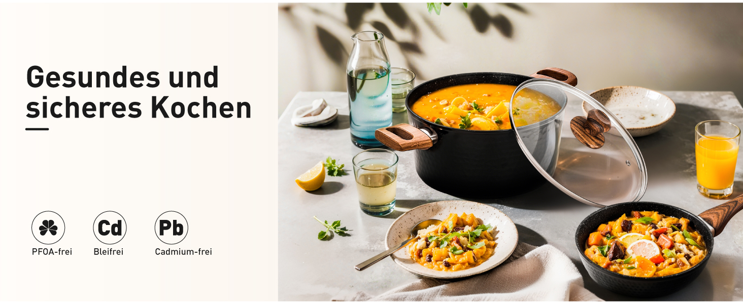 Набір кухонного посуду Kitchen Academy з антипригарним гранітним покриттям, 15 предметів: каструлі, сковороди з кришками, для індукційних плит, чорний колір