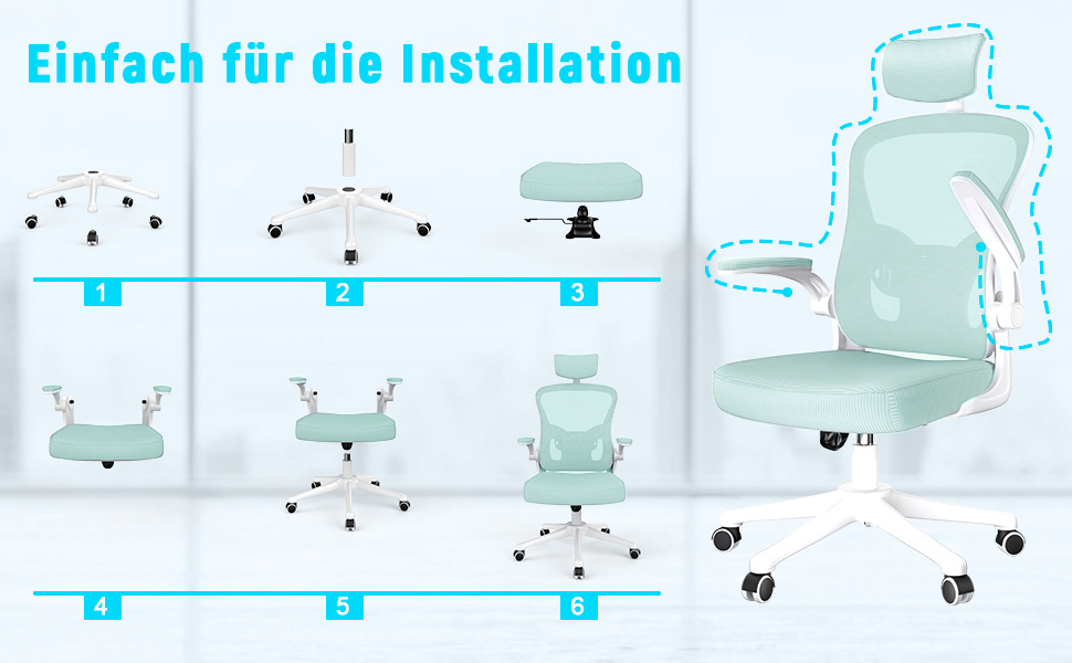 Офісний стілець Naspiro з регульованими підлокітниками, ергономічний, з сітчастою спинкою, підтримкою попереку, регульованою висотою, м'яким сидінням, поворотний на 360°, (зелений, з підголовником)