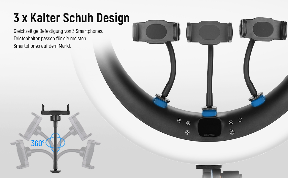 NEEWER Ringlicht RP19H 19 дюймів з триподом та 3 тримачами для телефону, дистанційне керування 2.4G, плавне регулювання яскравості, LCD та сенсорне керування, 42W CRI 97+ 2540 Lux, для стрімінгу, дому, офісу, Zoom, освітлення кільцеве світло з пусковим пристроєм