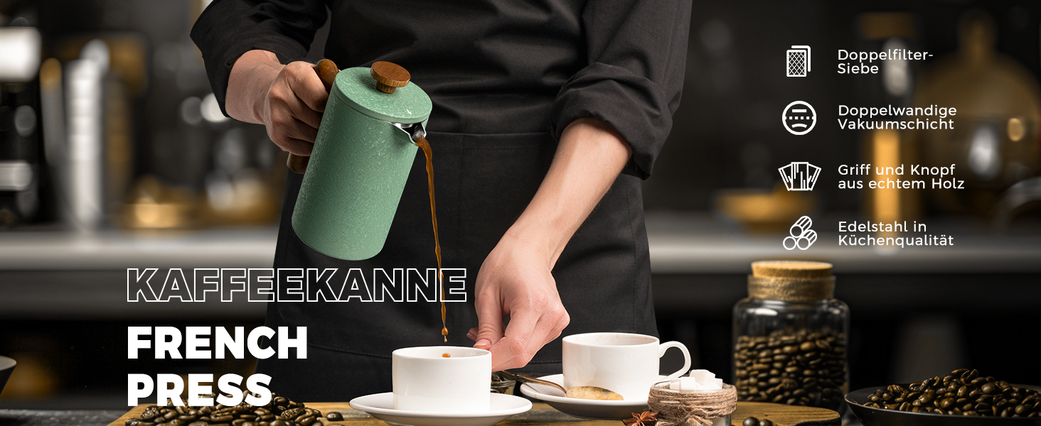 Френч-прес Poliviar 1 л / 8 чашок, з подвійними стінками, ізольований, для кави та чаю, з дерев'яною ручкою, Flatland (зелений)