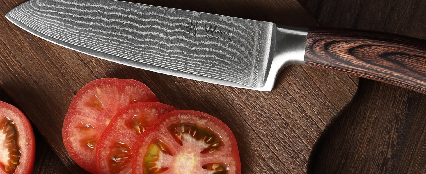 Ніж Santoku Wakoli EDIB Damast I 17 см, лезо з 67 шарів з VG10-сталі, з ручкою з паккавуду. Професійний кухонний ніж з дамаської сталі в подарунковій коробці, без гравіювання.