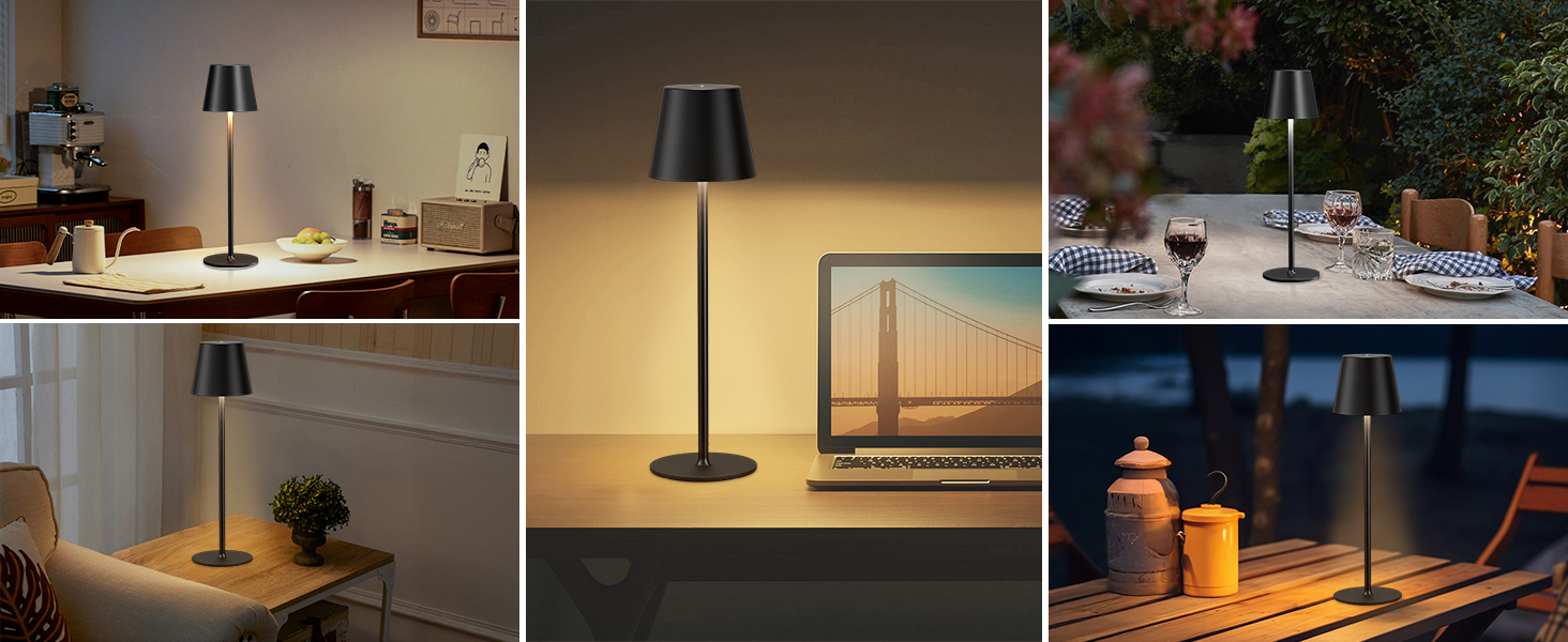 Акумуляторна настільна лампа LED бездротова з USB-C зарядкою, димується, 3 режими світла, чорна - для дому, кемпінгу