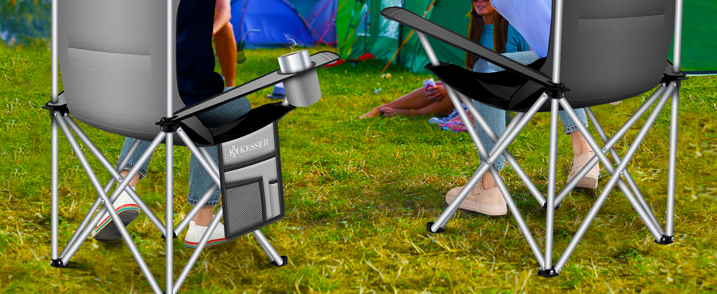 Крісло кемпінгове складне KESSER® до 150 кг, з підлокітниками, високою спинкою, сіре/чорне. З підсклянником та сумкою