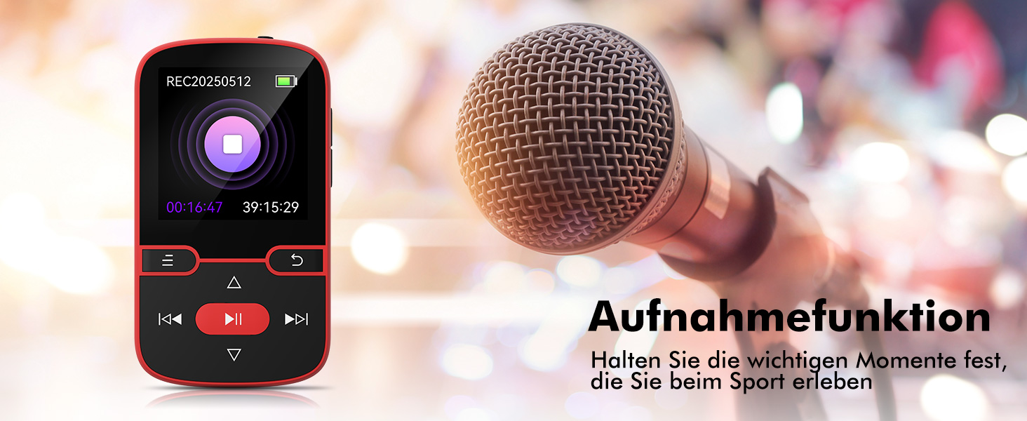 MP3 плеєр 64GB Bluetooth 5.3 з кліпсою, Hi-Fi, для спорту, з FM-радіо, диктофоном, крокоміром, підтримка картки до 128GB, червоний