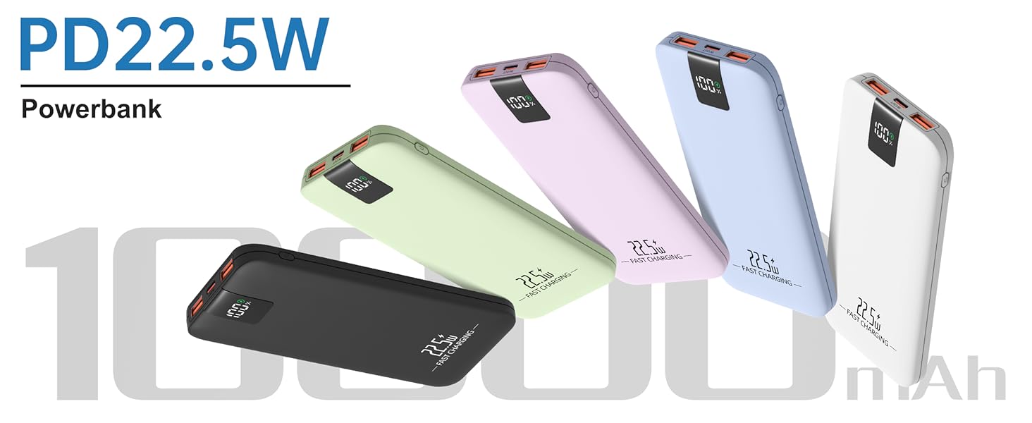 Powerbank 10000mAh 22.5W з LCD-дисплеєм: швидка зарядка, 3 виходи, 2 входи (USB-C), чорний