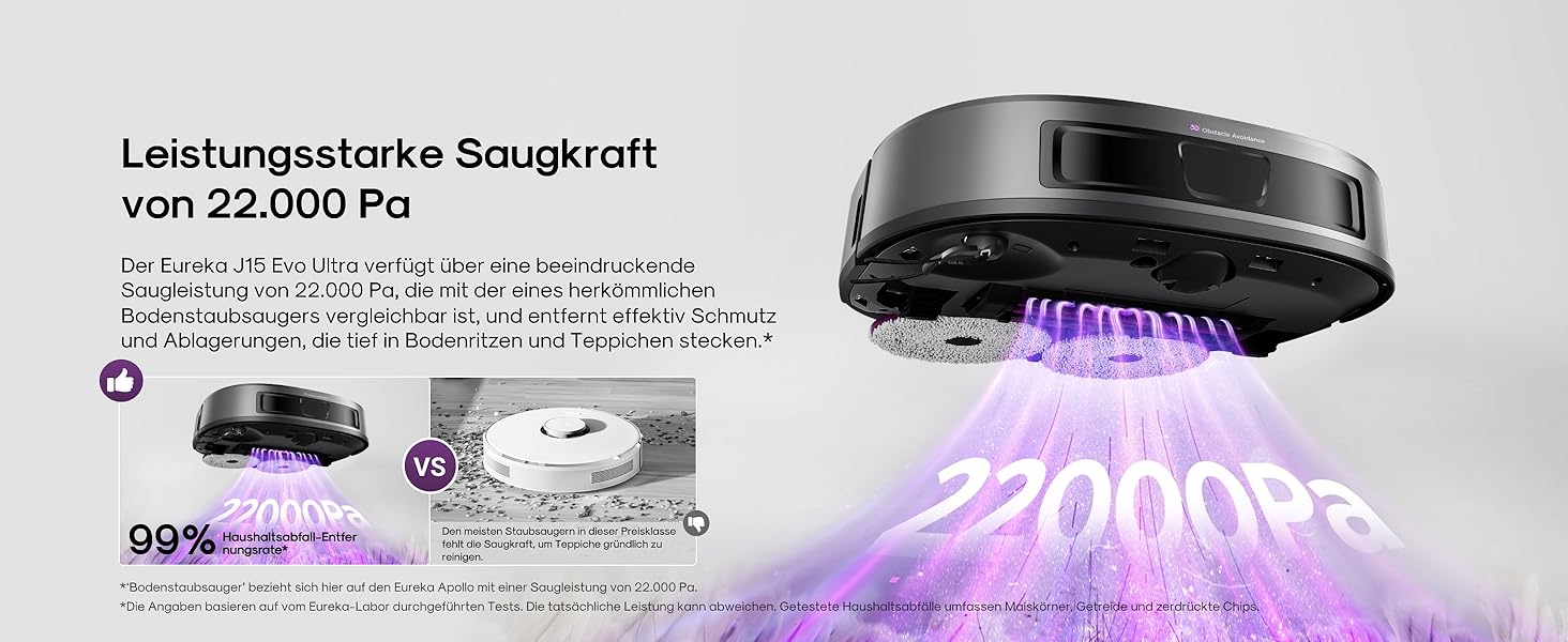 Робот-пилосос Eureka J15 Evo Ultra з функцією миття підлоги, самостійне очищення, прання та сушка, потужність 5000Pa, обертова функція миття, Dual-LiDAR навігація, 3D уникнення перешкод (чорний)