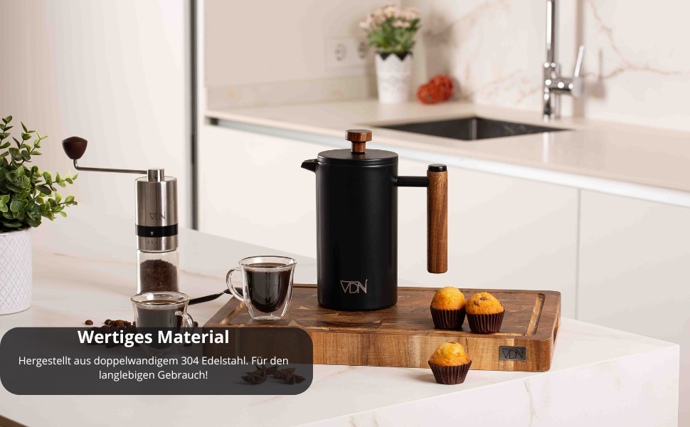 Френч-прес VDN з нержавіючої сталі - 700 мл, 5-6 чашок. Термофренч-прес з подвійними стінками, 3-х рівнева фільтрація, чорний колір