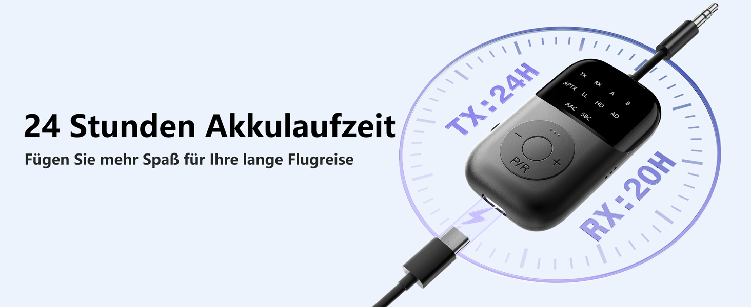 Bluetooth 5.4 адаптер 2-в-1 (передавач та приймач) з aptX Low Latency, 3.5 мм jack, для навушників, ТБ, авто та літака, чорний