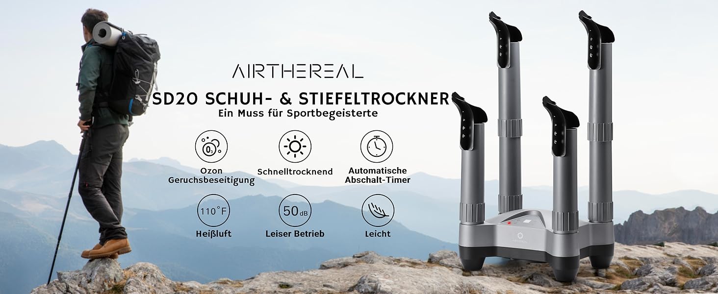 Електричний сушильник для взуття AIRTHEREAL SD20 з озоновою дезінфекцією, таймером та швидкою сушінням - для робочих, гірськолижних черевиків, кросівок та рукавичок