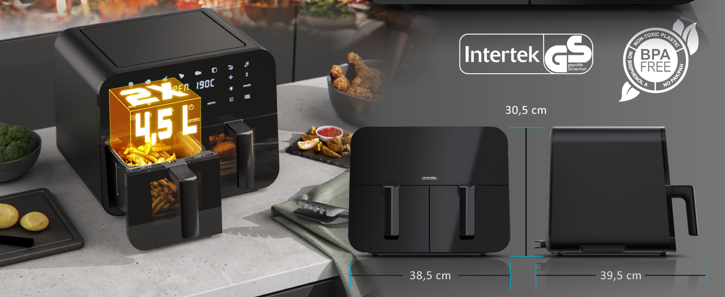 Фритюрниця Arendo Dual Zone 9L з 2 камерами - Airfryer з сенсорним екраном та 3D циркуляцією повітря