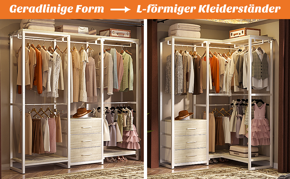 Кутовий вішак для одягу iSunirm L-подібний freestanding шафа з шухлядами, чорний дуб
