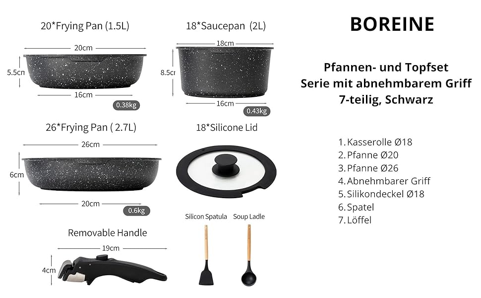 Набір посуду BOREINE 14 предметів: каструлі та сковороди з антипригарним гранітним покриттям (PFOA-free), знімні ручки, для всіх типів плит (індукція, склокераміка, газ, духовка), коричневий