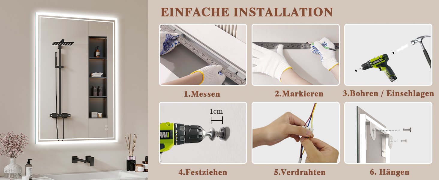 Дзеркало для ванної кімнати з підсвічуванням LED, антизапітніння, сенсорний вимикач, регулювання яскравості, 3 кольори світла, овальне, 50x70 см