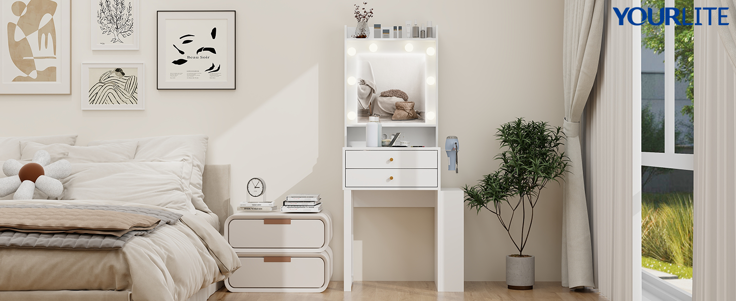 Туалетний столик YOURLITE з LED-підсвіткою, дзеркалом і розеткою, скляною стільницею та шухлядами, регульованою яскравістю, боковою шафкою і тримачем для фена, білий