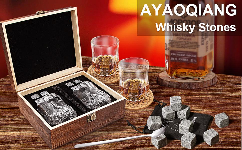 Набір для віскі з кубиками льоду – 8 шт. та 2 склянки, дерев'яна коробка, подарунок для чоловіків та жінок
