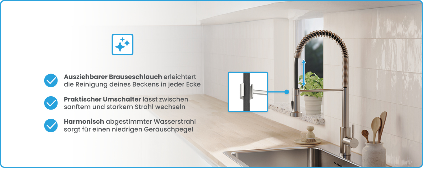 Кухонний змішувач Bächlein Nedo – поворотний на 360 градусів, з нержавіючої сталі, з гнуким гусаком та висувною лійкою, для кухні