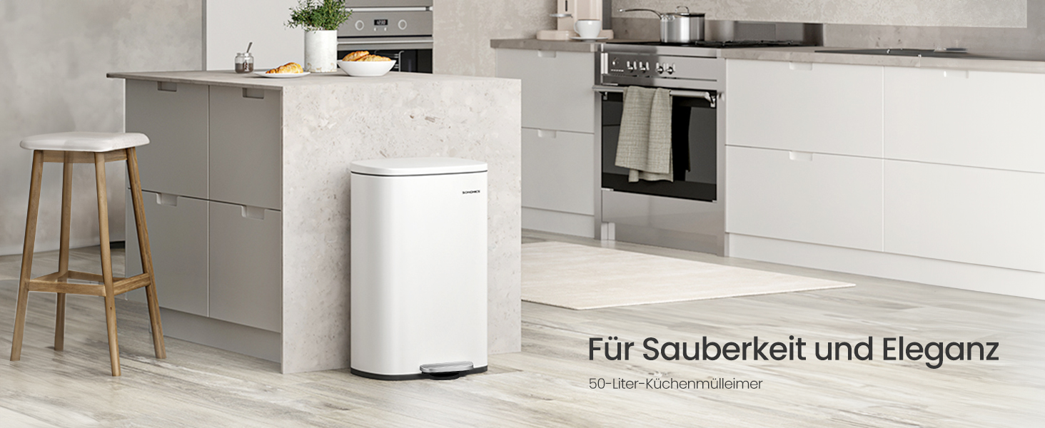 Відро для сміття SONGMICS 50 л з педальним механізмом, з м'яким закриттям, сталеве, з внутрішнім відром, біле