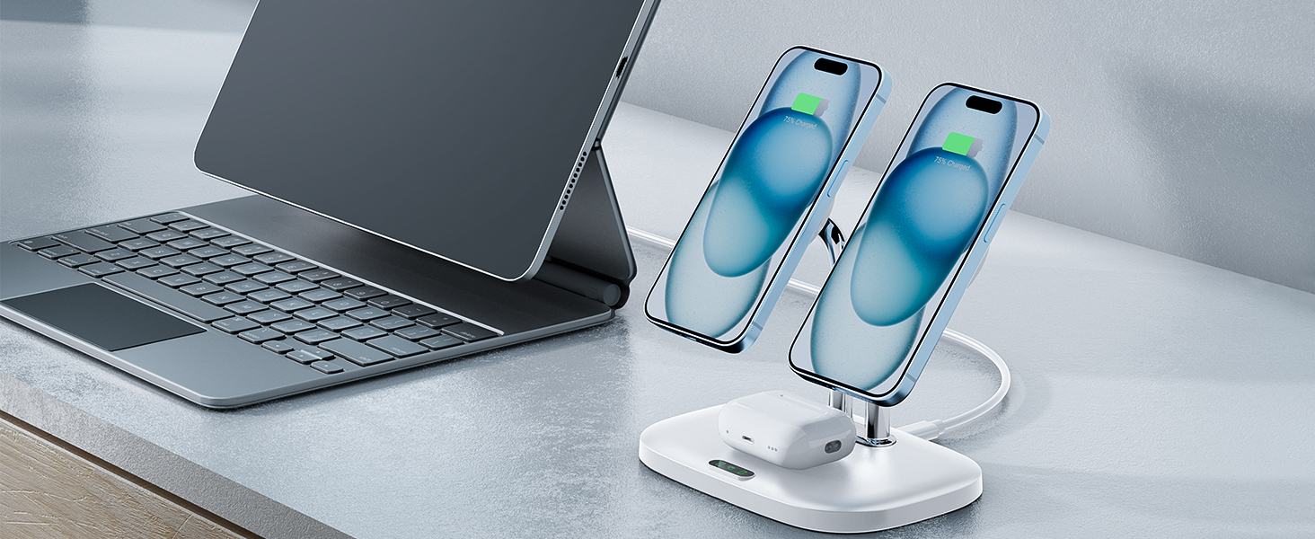 Бездротова зарядка SwanScout для iPhone 17/Air, AirPods Pro 3/2, 2 телефони (біла)