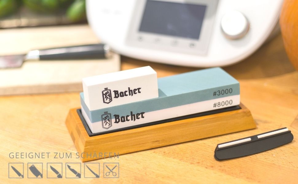 Преміум точильний камінь Bacher. Двосторонній, зернистість 400/1000. Точильний камінь для ножів з антиковзним бамбуковим блоком, для заточування ножів, з інструкцією. Зернистість 400/1000 (3000/8000)