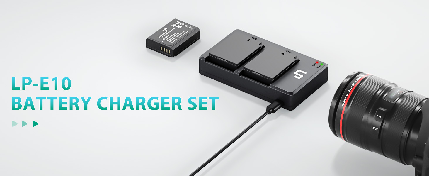 Комплект акумуляторів LP-E10 (2 шт) та подвійний зарядний пристрій 1600mAh для Canon EOS Rebel T7, T6, T5, T3, T100, 4000D, 3000D, 2000D, 1500D, 1300D