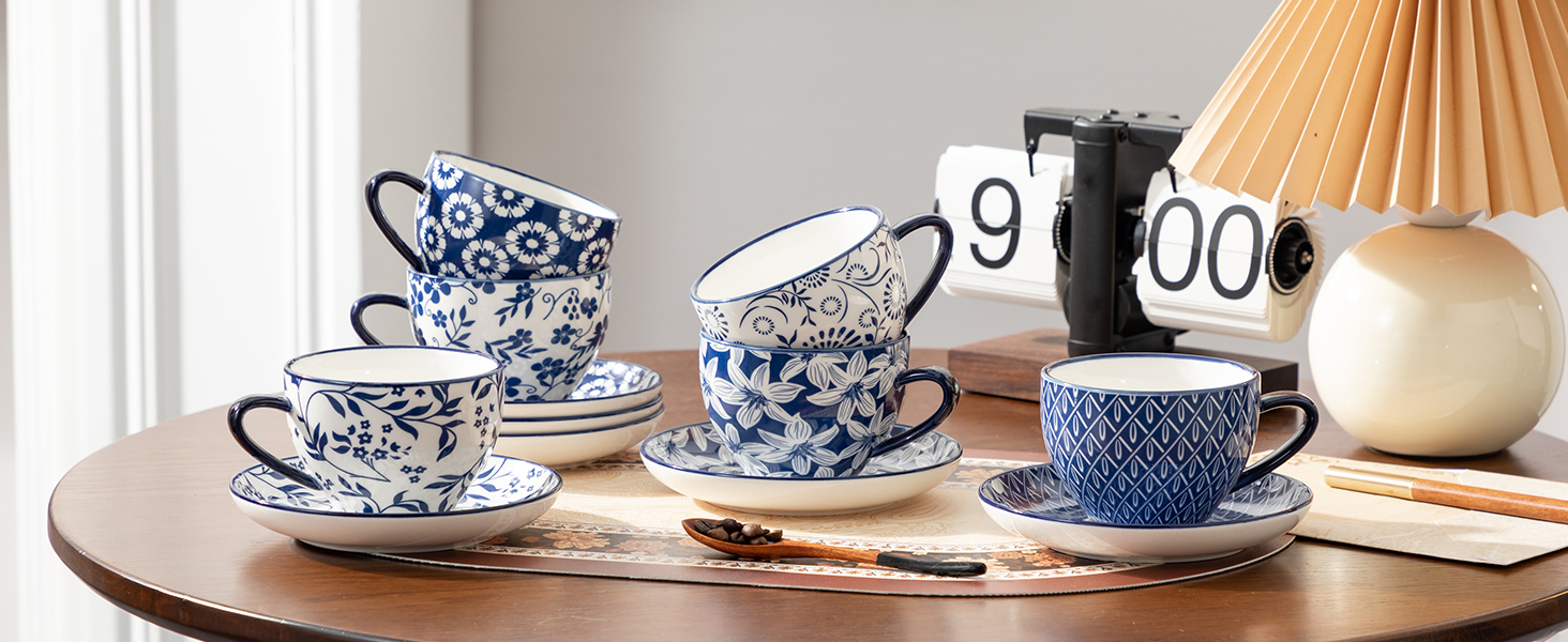 Набір кавових чашок капучіно Vancasso Selene 6 шт., 240 мл, блакитно-білий вінтажний дизайн, високоякісне фарфорове покриття, придатні для миття в посудомийній машині та використання в мікрохвильовій печі